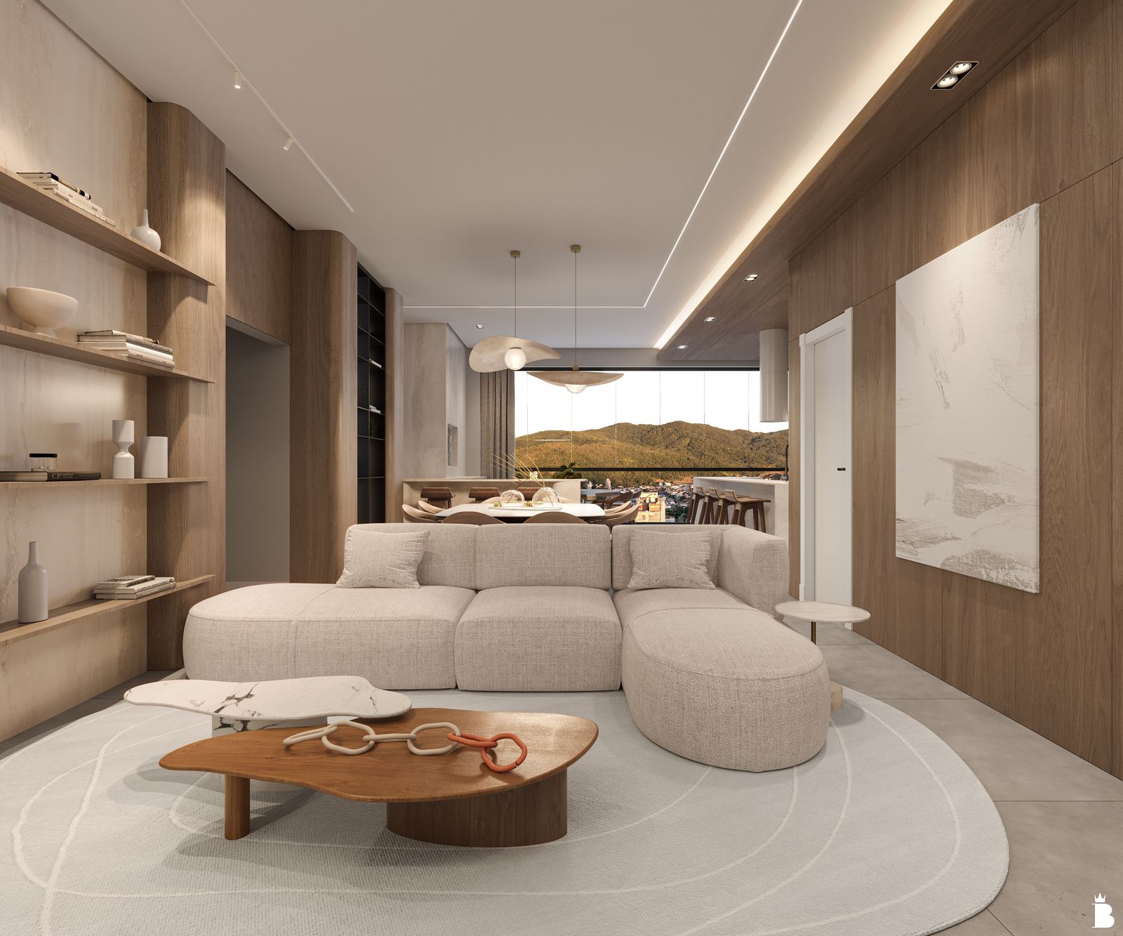 Render do living integrado da unidade Tipo 2, frente mar