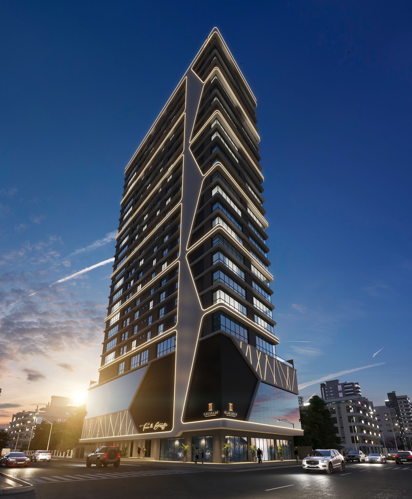 Fachada do Torre di Giuseppe à noite, render